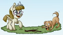 Size: 2317x1280 | Tagged: safe, artist:sentireaeris, derpibooru import, ripley, zippoorwhill, dog, pony, forever filly, blue background, glasses, grass, leaf, open mouth, simple background, stick, tongue out