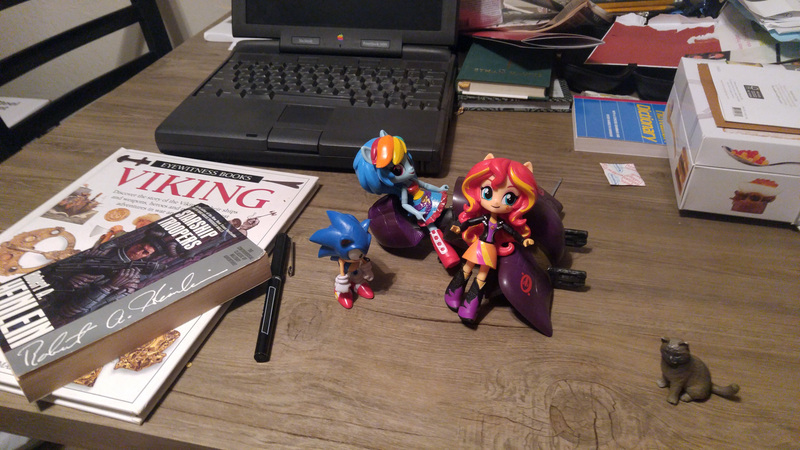 Size: 5312x2988 | Tagged: safe, derpibooru import, rainbow dash, sunset shimmer, cat, ghost, equestria girls, absurd resolution, classic sonic, crossover, doll, equestria girls minis, eqventures of the minis, halo (series), irl, macintosh, photo, sonic the hedgehog, sonic the hedgehog (series), starship troopers, toy