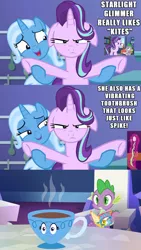 Size: 1500x2652 | Tagged: all bottled up, a royal problem, artist:titanium-pony, comic, cup, derpibooru import, dragon, edit, edited screencap, floppy ears, i have no mouth and i must scream, implied shipping, implied sparlight, inanimate tf, karma, meme, rhyme, rock solid friendship, safe, screencap, screencap comic, spike, spikebrush, starlight glimmer, teacup, teacupified, that pony sure does love teacups, the amazing trio of friendship, toothbrush, transformation, trixie, trixie's puppeteering, trixie teacup