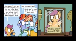 Size: 2456x1323 | Tagged: safe, artist:bobthedalek, derpibooru import, bow hothoof, scootaloo, windy whistles, pegasus, pony, parental glideance, 2 panel comic, comic, confused, dialogue, funny, looking at each other, open mouth, rainbow dash's parents, smiling, trophy, underhoof, windyhoof