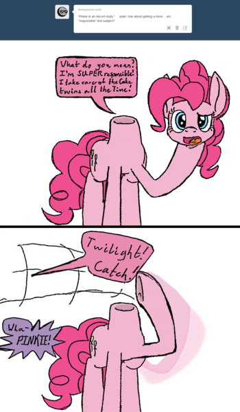 Size: 1097x1878 | Tagged: safe, artist:airship-king, derpibooru import, pinkie pie, earth pony, pony, ask, comic, detachable head, dialogue, disembodied head, female, headless, implied twilight sparkle, mare, modular, offscreen character, solo, tumblr