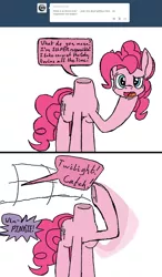 Size: 1097x1878 | Tagged: safe, artist:airship-king, derpibooru import, pinkie pie, earth pony, pony, ask, comic, detachable head, dialogue, disembodied head, female, headless, implied twilight sparkle, mare, modular, offscreen character, solo, tumblr