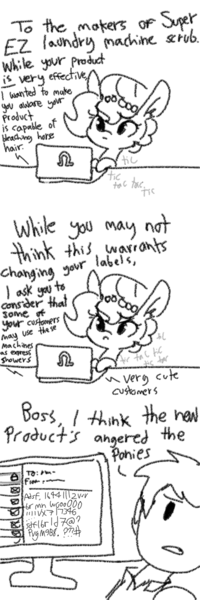 Size: 1280x3840 | Tagged: safe, artist:tjpones, derpibooru import, oc, oc:brownie bun, unofficial characters only, earth pony, human, pony, horse wife, angry, comic, computer, customer service, dialogue, ear fluff, email, gibberish, grayscale, horse problems, laptop computer, monochrome, no fingers, simple background, typing, white background
