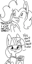 Size: 1280x2560 | Tagged: safe, artist:tjpones, derpibooru import, pinkie pie, twilight sparkle, twilight sparkle (alicorn), alicorn, earth pony, pony, amputation prank, black and white, book, comic, dialogue, ear fluff, glasses, grayscale, monochrome, panic, reading, reading glasses, simple background, white background