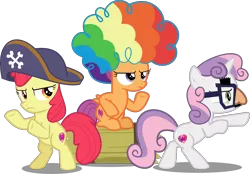 Size: 11182x7793 | Tagged: safe, artist:jhayarr23, derpibooru import, apple bloom, scootaloo, sweetie belle, pony, hard to say anything, absurd resolution, afro, agent rainbow head, cutie mark crusaders, female, filly, glasses, hat, pirate hat, rearing, shimmering spectacles, simple background, sitting, spyrate, the cmc's cutie marks, transparent background, underhoof, vector, wig