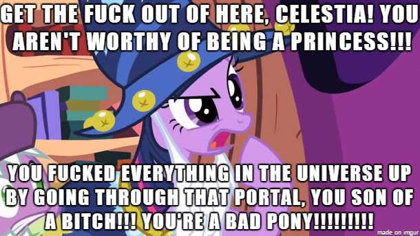 Size: 610x343 | Tagged: background pony strikes again, derpibooru import, dragon, edit, edited screencap, idw, image macro, impression, luna eclipsed, meme, reflections drama, safe, screencap, spike, spoiler:comic20, star swirl the bearded, twilight sparkle, vulgar, yelling