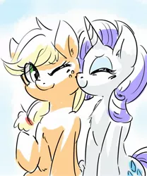 Size: 1707x2048 | Tagged: safe, artist:gamijack, derpibooru import, applejack, rarity, earth pony, pony, unicorn, cute, duo, eyes closed, female, freckles, grin, kissing, lesbian, mare, one eye closed, rarijack, shipping, simple background, smiling, white background