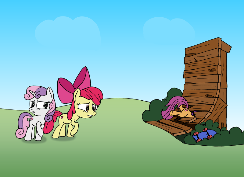 Size: 7013x5100 | Tagged: safe, artist:ravio-li, derpibooru import, apple bloom, scootaloo, sweetie belle, earth pony, pony, unicorn, parental glideance, absurd resolution, alternate scenario, butt, buttstuck, crash, cutie mark crusaders, fail, female, filly, implied injury, mare, ouch, ramp, reality ensues, scootacrash, stuck, trio, wasted