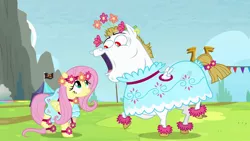 Size: 1920x1080 | Tagged: safe, derpibooru import, screencap, bulk biceps, fluttershy, pegasus, pony, rainbow falls, clothes, crossdressing, dress, female, flower, flower in hair, headband, male, mare, open mouth, raised hoof, stallion