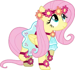Size: 3145x2946 | Tagged: safe, artist:eagle1division, derpibooru import, fluttershy, pegasus, pony, rainbow falls, clothes, cute, dress, female, flower, flower in hair, mare, raised hoof, raised leg, shyabetes, simple background, solo, transparent background, vector