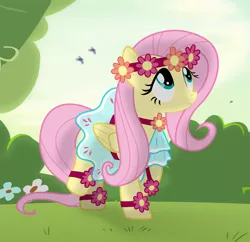 Size: 3104x3000 | Tagged: safe, artist:donnyku, artist:eagle1division, derpibooru import, fluttershy, bird, pegasus, pony, clothes, cute, dress, female, flower, flower in hair, forest, grass, high res, mare, outdoors, raised hoof, raised leg, shyabetes, solo, transitional skies, twilight (astronomy), vector