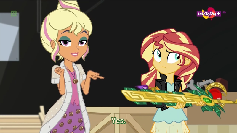 Size: 1366x768 | Tagged: safe, derpibooru import, screencap, chestnut magnifico, sunset shimmer, equestria girls, movie magic, spoiler:eqg specials, arrow of marapore, clothes, duo, female, gyaru, jacket, leather jacket, lidded eyes, macuahuitl, pointing, skirt, smiling, staff of ponypeii, sword of lusitano, teletoon, yes