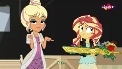 Size: 1366x768 | Tagged: safe, derpibooru import, screencap, chestnut magnifico, sunset shimmer, equestria girls, movie magic, spoiler:eqg specials, arrow of marapore, clothes, duo, female, gyaru, jacket, leather jacket, lidded eyes, macuahuitl, pointing, skirt, smiling, staff of ponypeii, sword of lusitano, teletoon, yes