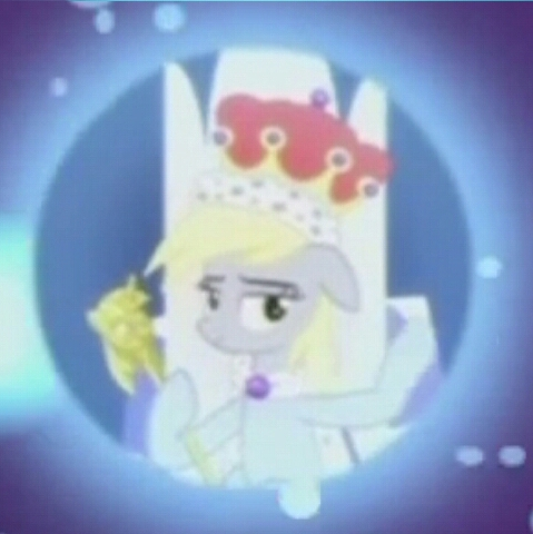 Size: 479x480 | Tagged: safe, derpibooru import, screencap, derpy hooves, pegasus, pony, a royal problem, cape, clothes, cropped, crown, dream orbs, dreamscape, epic, epic derpy, female, jewelry, mare, queen derpy, regalia, scepter, solo, throne, twilight scepter, underp