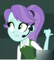 Size: 453x506 | Tagged: safe, derpibooru import, screencap, equestria girls, movie magic, spoiler:eqg specials, assistant, background human, cropped, female, headset, solo, sound check