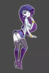 Size: 610x900 | Tagged: suggestive, artist:thebrokencog, derpibooru import, rarity, equestria girls, ass, beautiful, black underwear, blue eyes, boots, breasts, clothes, cute, eyeshadow, female, high heel boots, latex, latex boots, lip bite, looking at you, makeup, panties, raised leg, rearity, shirt, simple background, skirt, skirt lift, smiling, socks, solo, solo female, stockings, sultry pose, thigh highs, underwear