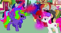 Size: 1024x552 | Tagged: safe, derpibooru import, oc, oc:painset killergorecakes, unofficial characters only, pony, elements of insanity, pony creator, applepills, brutalight sparcake, fluttershout, magic, magic mare, painset shimmercakes, pinkis cupcake, rainbine, rarifruit, smoke, sword, too much ponycreator, weapon
