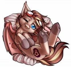 Size: 2046x1937 | Tagged: safe, artist:gicme, derpibooru import, oc, oc:cogwheel, unofficial characters only, bat pony, pony, built in socks, cute, goggles, one eye closed, pillow, simple background, solo, tongue out, torn wing, underhoof, wink