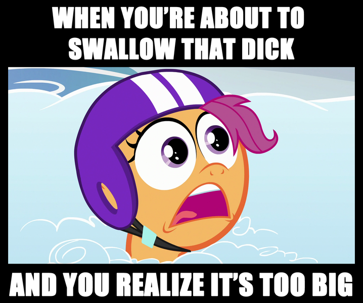 Size: 1340x1120 | Tagged: suggestive, derpibooru import, edit, edited screencap, screencap, scootaloo, pony, parental glideance, exploitable meme, faic, helmet, image macro, meme, obligatory pony, solo, too big