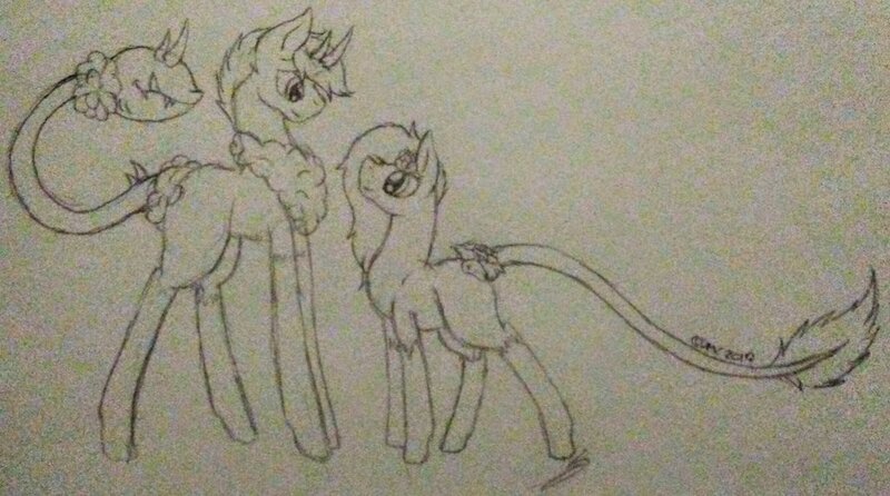 Size: 1024x571 | Tagged: safe, artist:anxiouslilnerd, derpibooru import, oc, oc:chanson de nature, oc:sea foam, unofficial characters only, pony, cotton mouth, leonine tail, rosey ponies, sketch, traditional art