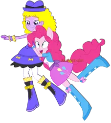 Size: 1600x1765 | Tagged: safe, artist:jucamovi1992, derpibooru import, pinkie pie, oc, oc:holiday candy, equestria girls, boots, clothes, duo, hat, high heel boots, open mouth, ponied up, pony ears, ponytail, raised leg, shirt, skirt, smiling