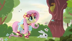 Size: 3840x2160 | Tagged: safe, artist:donnyku, artist:eagle1division, derpibooru import, angel bunny, fluttershy, bird, pegasus, pony, rabbit, rainbow falls, clothes, cute, dress, female, flower, flower in hair, forest, grass, mare, outdoors, raised hoof, raised leg, shyabetes, solo, transitional skies, twilight (astronomy), vector