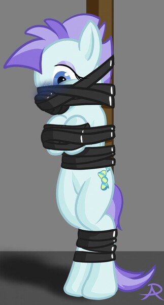 Size: 689x1280 | Tagged: grimdark, suggestive, artist:radasus, derpibooru import, oc, unofficial characters only, pony, asphyxiation, bondage, breathplay, commission, gag, pole tied, solo, tape, upright