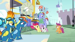 Size: 1920x1090 | Tagged: safe, derpibooru import, screencap, apple bloom, bow hothoof, fleetfoot, rainbow dash, scootaloo, spitfire, sweetie belle, windy whistles, pony, parental glideance, clothes, cutie mark crusaders, rainbow dash's parents, uniform, windyhoof, wonderbolts uniform