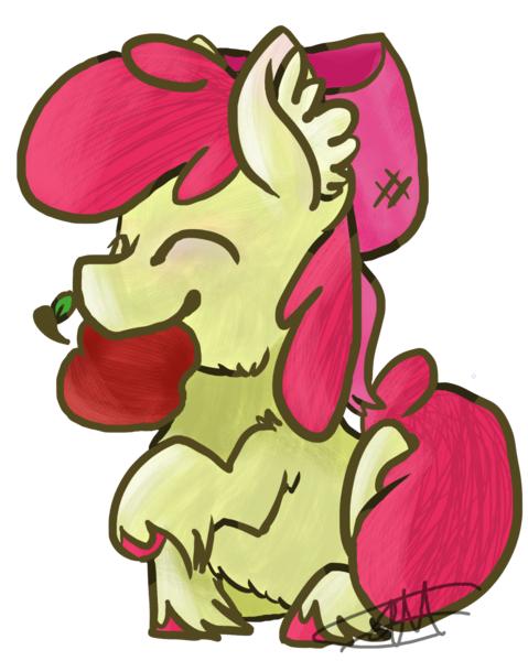 Size: 1592x1996 | Tagged: safe, artist:ashleybances, derpibooru import, apple bloom, earth pony, pony, apple, eyes closed, food, mouth hold, simple background, sitting, solo, transparent background, unshorn fetlocks