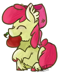 Size: 1592x1996 | Tagged: safe, artist:ashleybances, derpibooru import, apple bloom, earth pony, pony, apple, eyes closed, food, mouth hold, simple background, sitting, solo, transparent background, unshorn fetlocks