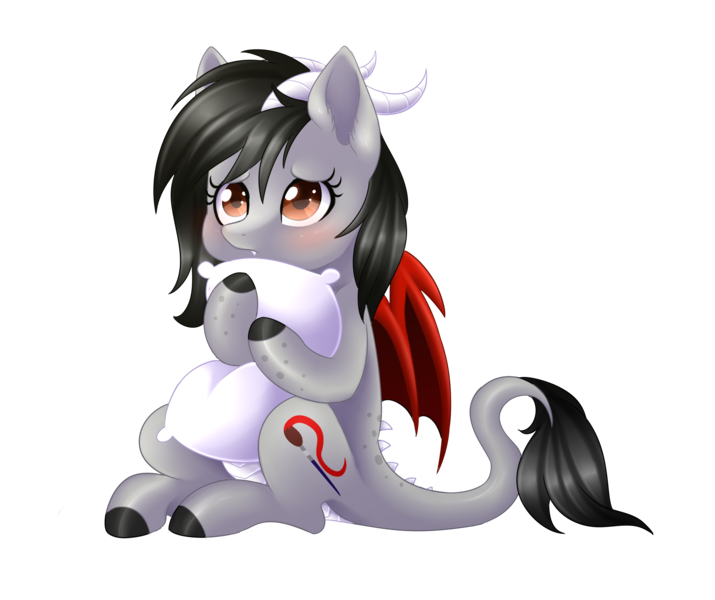 Size: 2803x2352 | Tagged: safe, artist:scarlet-spectrum, derpibooru import, oc, oc:scarlet spectrum, unofficial characters only, dracony, hybrid, pony, chibi, cute, female, hnnng, mare, ocbetes, pillow, simple background, solo, transparent background