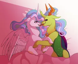 Size: 1412x1151 | Tagged: artist:seleniium, bed, changedling, changeling, cuddling, derpibooru import, female, interspecies, king thorax, male, mandibles, princess celestia, shipping, straight, suggestive, thoralestia, thorax