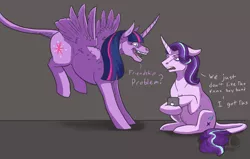 Size: 1000x636 | Tagged: safe, artist:basiliskfree, derpibooru import, starlight glimmer, twilight sparkle, twilight sparkle (alicorn), alicorn, pony, unicorn, dialogue, dinosaur pony, duo, floppy ears, leonine tail, lidded eyes, mobile phone, open mouth, phone, sitting, smartphone, spread wings, wings