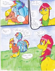 Size: 2552x3300 | Tagged: safe, artist:tristanjsolarez, derpibooru import, applejack, rainbow dash, tex, pony, comic:trans ponies, comic, g1, g1 to g4, generation leap, high res