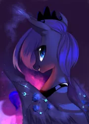 Size: 865x1200 | Tagged: dead source, safe, artist:gianghanz, derpibooru import, princess luna, alicorn, pony, abstract background, beautiful, cute, ear fluff, female, flower, glowing horn, jewelry, looking at you, looking back, lunabetes, mare, rear view, rose, s1 luna, sitting, smiling, solo, spread wings, wing jewelry, wings