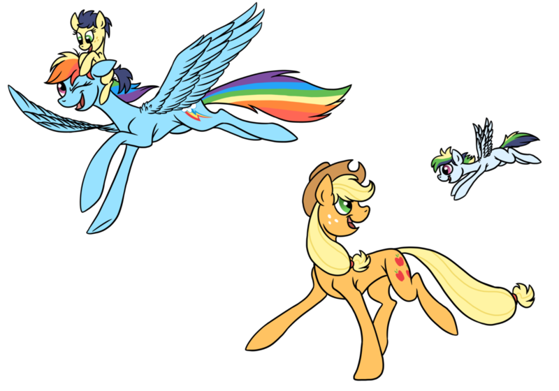 Size: 1024x717 | Tagged: safe, artist:pampoke, derpibooru import, applejack, rainbow dash, oc, oc:apple blossom, oc:static, earth pony, pegasus, pony, appledash, colt, female, filly, lesbian, male, mare, offspring, parent:applejack, parent:rainbow dash, parent:soarin', parents:soarindash, parents:soarinjack, shipping, simple background, sperm donation, transparent background