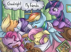 Size: 1500x1100 | Tagged: safe, artist:tcn1205, derpibooru import, applejack, fluttershy, pinkie pie, rainbow dash, rarity, twilight sparkle, twilight sparkle (alicorn), alicorn, earth pony, pegasus, pony, unicorn, bed, bedroom, book, cuddle puddle, cuddling, cute, daaaaaaaaaaaw, female, flutterdash, lesbian, mane six, mare, pillow, pony pile, rarijack, shipping, sleeping, snuggling