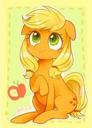 Size: 998x1380 | Tagged: safe, artist:osawari64, derpibooru import, applejack, earth pony, pony, blonde, cute, female, floppy ears, happy, hatless, hoof on chest, jackabetes, looking up, missing accessory, pigtails, raised hoof, sitting, smiling, solo, three quarter view