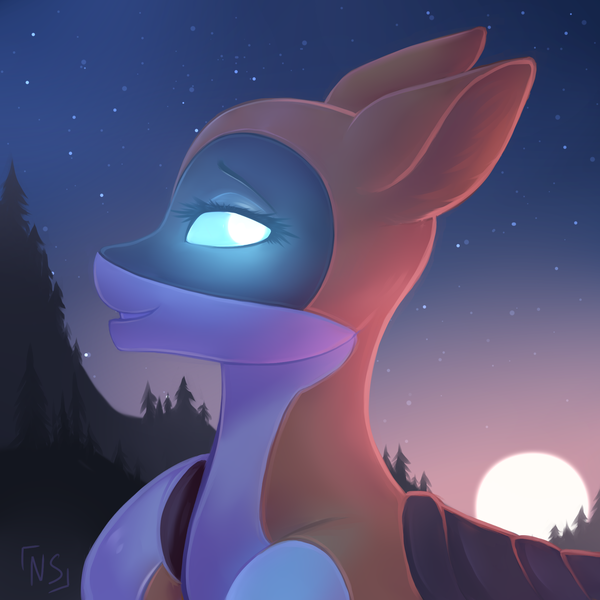 Size: 2000x2000 | Tagged: safe, artist:nightskrill, derpibooru import, oc, oc:kiva, unofficial characters only, original species, pony, robot, robot pony, colored pupils, commission, full moon, glowing eyes, moon, night, pine tree, silhouette, smiling, solo, tree