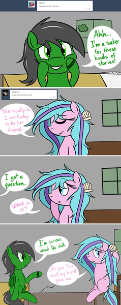 Size: 1280x3226 | Tagged: safe, artist:hummingway, derpibooru import, oc, oc:feather hummingway, oc:swirly shells, unofficial characters only, pegasus, pony, ask-humming-way, comic, dialogue, duo, female, male, mare, speech bubble, stallion, tumblr, tumblr comic