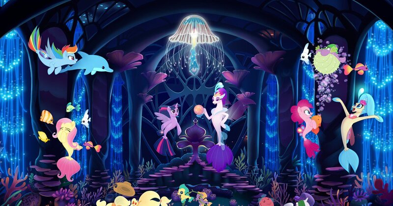 Size: 1200x630 | Tagged: safe, derpibooru import, applejack, fluttershy, pinkie pie, princess skystar, queen novo, rainbow dash, rarity, spike, twilight sparkle, twilight sparkle (alicorn), alicorn, angelfish, bubble fish, dolphin, fish, pony, puffer fish, seapony (g4), my little pony: the movie, mane seven, mane six, poster, seaponified, seapony applejack, seapony fluttershy, seapony pinkie pie, seapony rainbow dash, seapony rarity, seapony twilight, species swap, spike the pufferfish