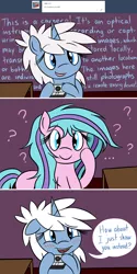 Size: 1280x2550 | Tagged: safe, artist:hummingway, derpibooru import, oc, oc:cerulean mist, oc:swirly shells, unofficial characters only, pony, unicorn, ..., ask-humming-way, blushing, camera, comic, confused, dialogue, duo, female, hoof hold, jell-o, looking at you, mare, missing nose, open mouth, question mark, raised hoof, raised leg, smiling, speech bubble, tumblr, tumblr comic