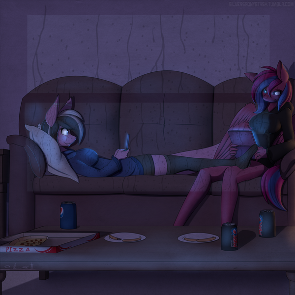 Size: 2000x2000 | Tagged: anthro, anthro oc, artist:silverfox057, clothes, couch, derpibooru import, duo, female, food, heterochromia, mare, oc, oc:ashee, oc:pima pie, pegasus, pizza, plantigrade anthro, safe, smiling, socks, unofficial characters only, video game