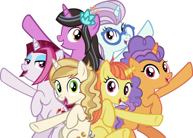 Size: 5265x3759 | Tagged: safe, artist:ironm17, derpibooru import, cayenne, citrus blush, lily love, north point, pretzel twist, sweet biscuit, pony, unicorn, absurd resolution, alternate mane six, background pony, best friends until the end of time, female, group, happy, hooves up, looking at you, mare, simple background, singing, smiling, teeth, transparent background, vector