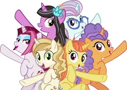 Size: 5265x3759 | Tagged: safe, artist:ironm17, derpibooru import, cayenne, citrus blush, lily love, north point, pretzel twist, sweet biscuit, pony, unicorn, absurd resolution, alternate mane six, background pony, best friends until the end of time, female, group, happy, hooves up, looking at you, mare, simple background, singing, smiling, teeth, transparent background, vector