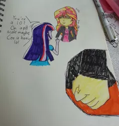 Size: 2175x2299 | Tagged: safe, artist:lizzyisme, derpibooru import, sunset shimmer, twilight sparkle, equestria girls, fist, meme, this will end in pain and/or tears and/or death, traditional art