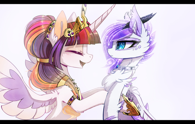 Size: 3083x1968 | Tagged: safe, artist:magnaluna, derpibooru import, princess celestia, princess luna, twilight sparkle, twilight sparkle (alicorn), oc, oc:lumina, oc:polaris, alicorn, dracony, hybrid, pony, blushing, cheek fluff, chest fluff, collar, crown, cute, duo, ear fluff, eyes closed, female, fluffy, fusion, galaxy mane, horn, horns, jewelry, mare, neck fluff, open mouth, regalia, simple background, white background, wing fluff, wingding eyes