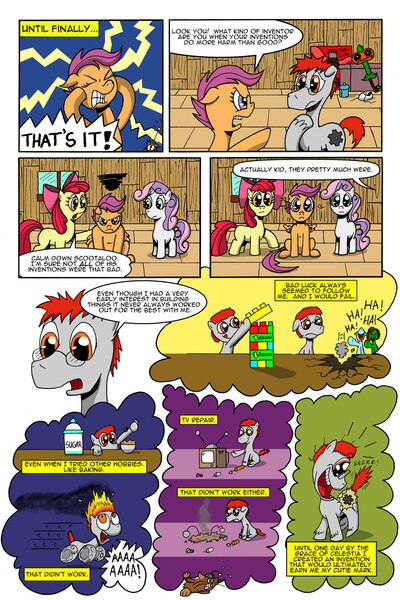 Size: 1024x1536 | Tagged: safe, artist:cartoon-eric, derpibooru import, apple bloom, scootaloo, sweetie belle, oc, oc:fritz, oc:gear loose, pony, comic:cmc and gear loose, angry, baking, comic, cutie mark crusaders, mane on fire, peppermint patty, television, wheel o feet