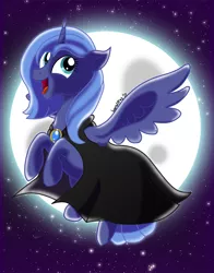 Size: 900x1146 | Tagged: safe, artist:wordplay42, derpibooru import, princess luna, alicorn, pony, cape, clothes, flying, moon, night, open mouth, s1 luna, solo, stars