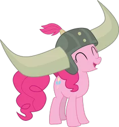 Size: 6598x7024 | Tagged: safe, artist:paganmuffin, derpibooru import, pinkie pie, pony, not asking for trouble, absurd resolution, eyes closed, helmet, honorary yak horns, horned helmet, simple background, smiling, solo, transparent background, vector, viking helmet